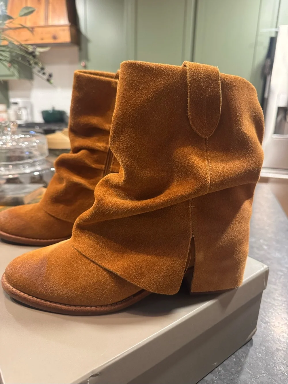 Antelope Cognac Suede Ruching Ankle Boots